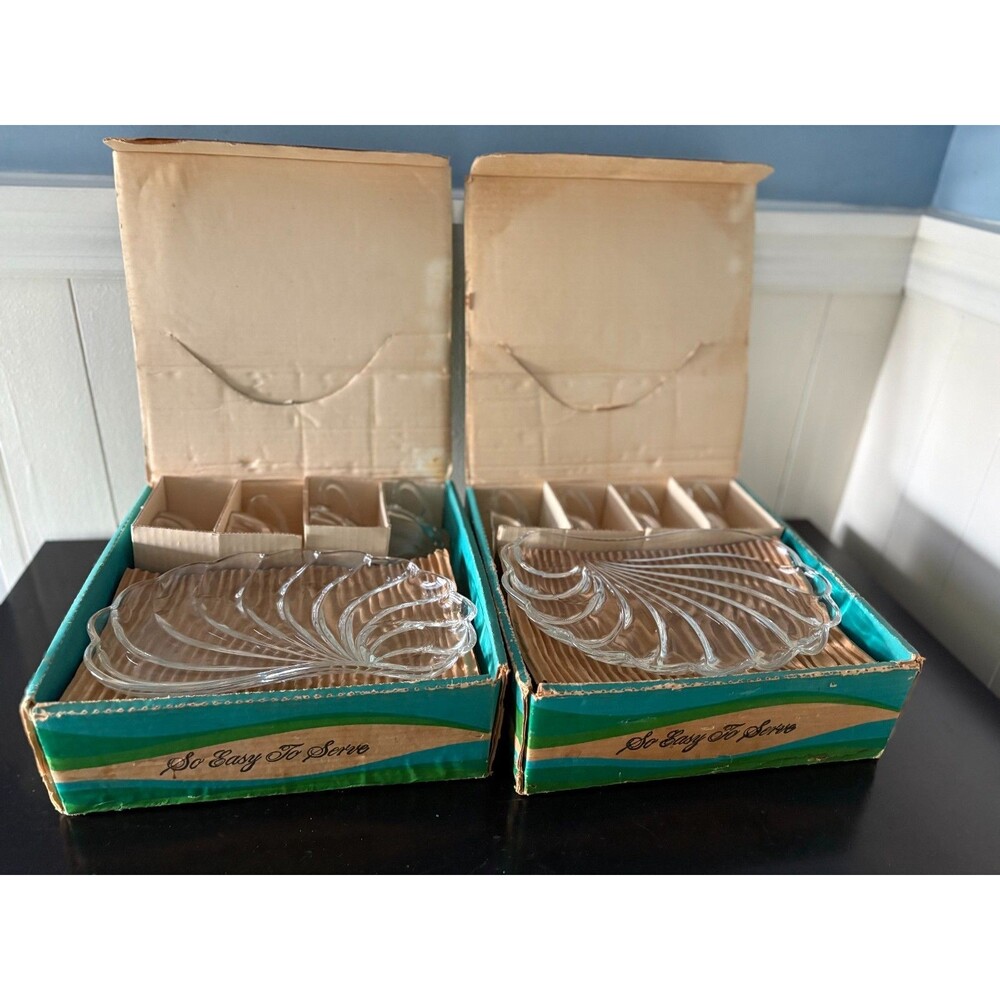 Vintage Hazel-Atlas Sea Shell Snack Set 1950s Glass 8 Pc 2 Sets w/ Boxes